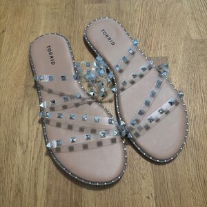Torrid 12WW Extra Wide Silver Studded Clear Strap Slip On Sandals